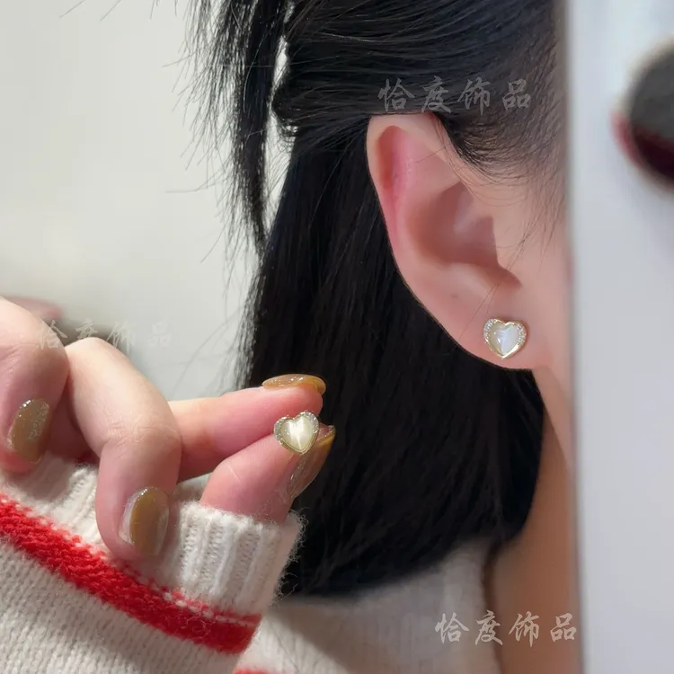 铜合金耳饰 【恰度】清透猫猫石爱心耳钉温柔百搭