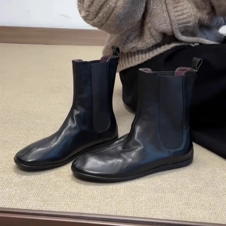 羊皮版~法式时尚切尔西靴女圆头通勤气质百搭平底低跟时装短靴