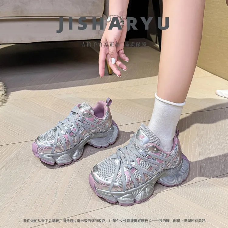 加肥加宽大码女鞋爆款潮流网面透气时尚百搭运动绑带老爹鞋ins