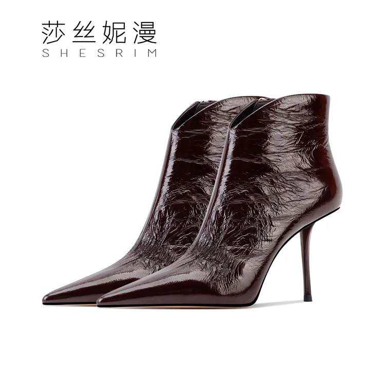 2025新款短靴防滑绒里细高跟短靴后拉链细跟方头冬季真皮尖头黑色