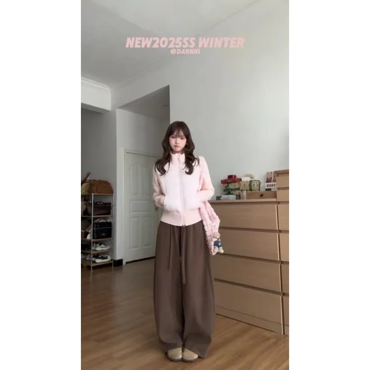 MARIE.COCO减龄少女感粉色针织拼接棉服外套女秋冬新款洋气休闲裤