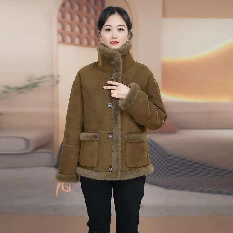 时尚高档皮毛一体羊羔毛厚外套女冬季新款加绒加厚防寒双面穿上衣