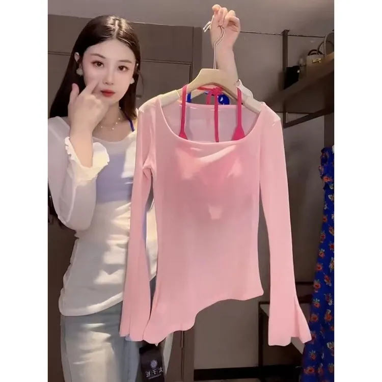 2025春夏季新款纯欲风辣妹镂空防晒罩衫内搭挂脖吊带两件套