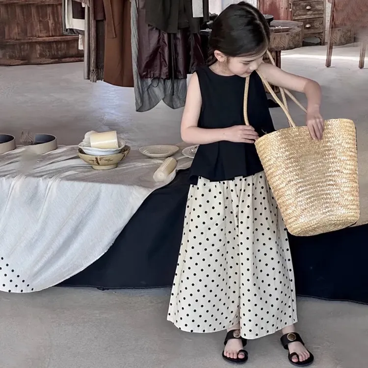 【亲子装】2025夏季女童背心上衣韩版儿童无袖宝宝洋气阔腿裤套装