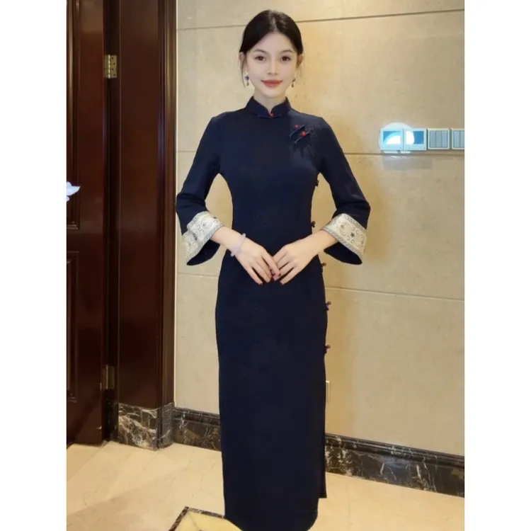 球球夫人丨乌木)125cm秋冬新品单层显瘦修身复古气质显白旗袍