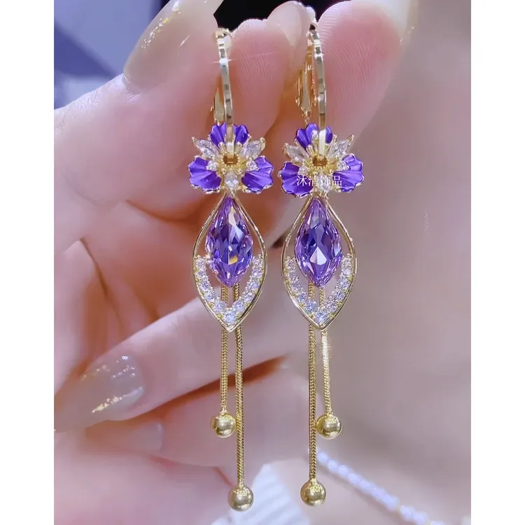 铜合金合成锆石耳饰 时尚精致个性浪漫气质花朵流苏耳环