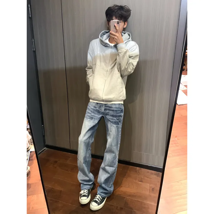 浅蓝色闪电纹微喇裤子男款美式高街vibe弯刀牛仔裤提档窄版直筒潮