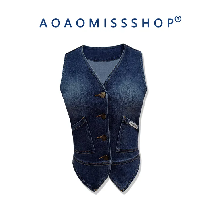 【深蓝色牛仔马甲】AOAOMISSSHOP鳌鳌家时尚欧美修身无袖背心上衣
