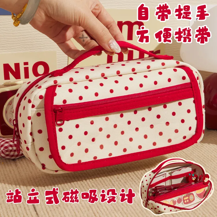 波点撞色手提笔袋ins高颜值大容量女孩文具盒简约小众学生铅笔盒