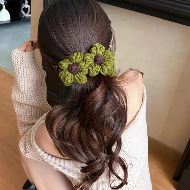 复古法式毛线花朵竖夹马尾夹气质秋冬发量少扭扭夹发夹大号香蕉夹