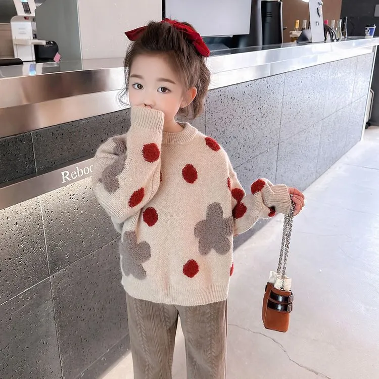 Mini Chic撞色图案圆领毛衣女童圆点针织衫上衣秋冬装女孩套头