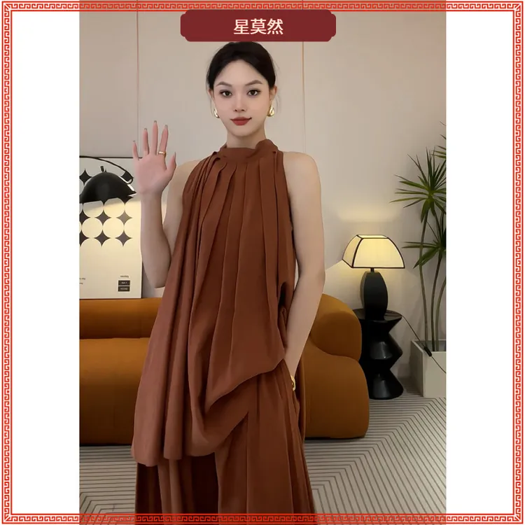 I夏装搭配一整套时尚韩剧女主穿搭时髦洋气咖色绑带衬衫阔腿裤II