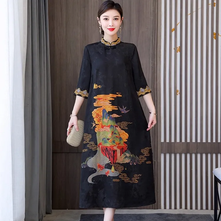旗袍裙子气质高端宽松改良中国风民族风妈妈连衣裙女夏季中式复古