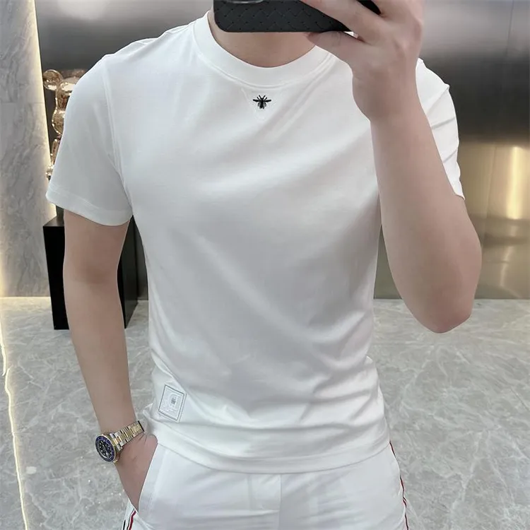 度尚-欧版男士夏季新款丝光棉刺绣轻奢时尚潮流个性圆领百搭短袖