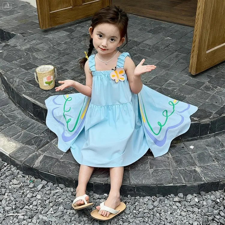2025儿童夏季韩版蝴蝶连衣裙女童夏装洋气吊带裙小女孩无袖棉布裙