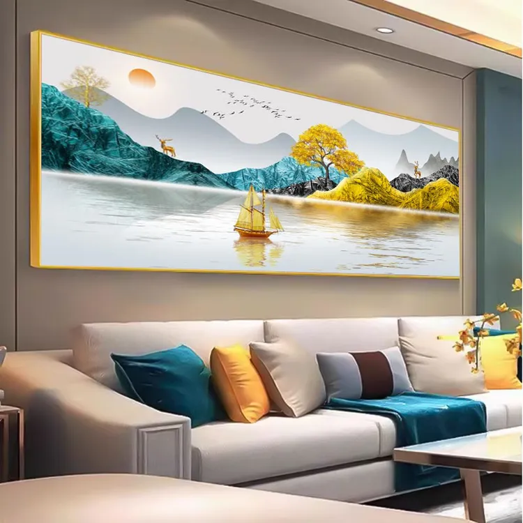 简约大气山水画客厅装饰画办公室挂画大白墙晶瓷镶钻壁画玄关新款