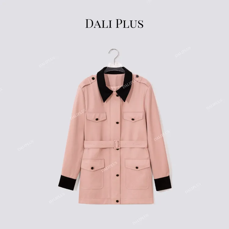 DALI PLUS“粉黑撞色风衣”100绵羊毛拼皮收腰中长款外套-D5ST1375