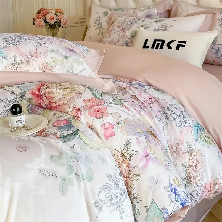 2025新款160支莱赛尔天丝四件套复古印花床上用品裸睡高档被套4