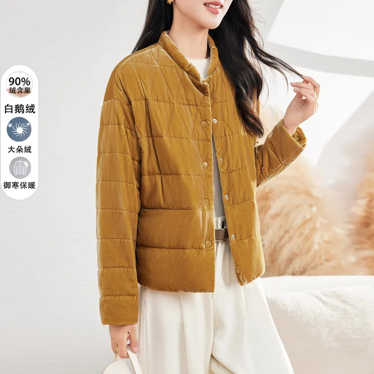 桑蚕丝真丝丝绒羽绒服女短款2025年冬季新款金丝绒轻薄90鹅绒外套