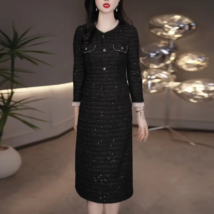 赫本风假两件气质连衣裙女2025秋季新款妈妈装修身显瘦中长款裙子