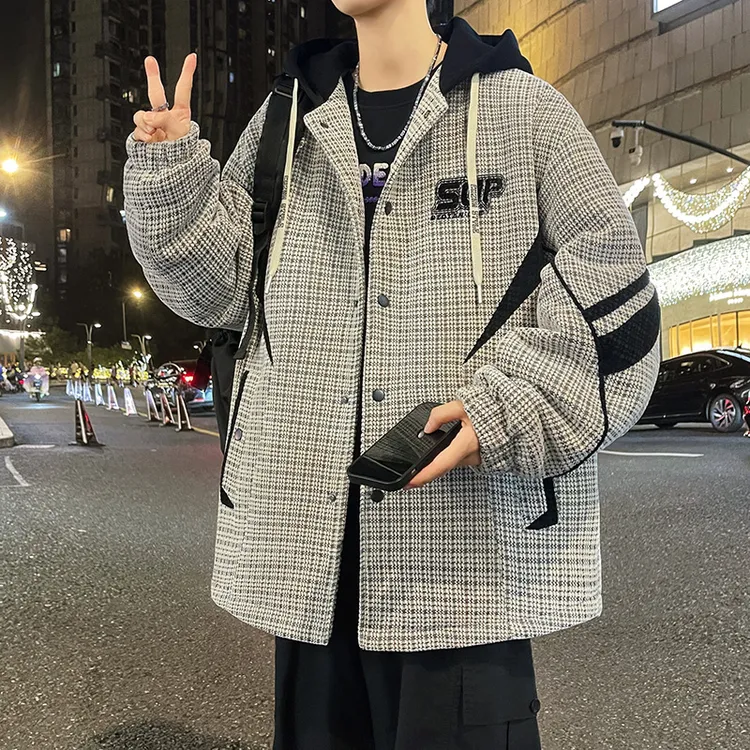 秋冬穿搭新款青少年加绒加厚港风连帽夹克格子撞色男生保暖外套