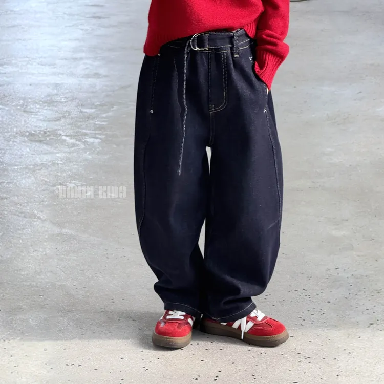 嗒囜【质感】加绒精梳牛仔棉40支高密高支儿童弯刀裤子宽松牛仔裤