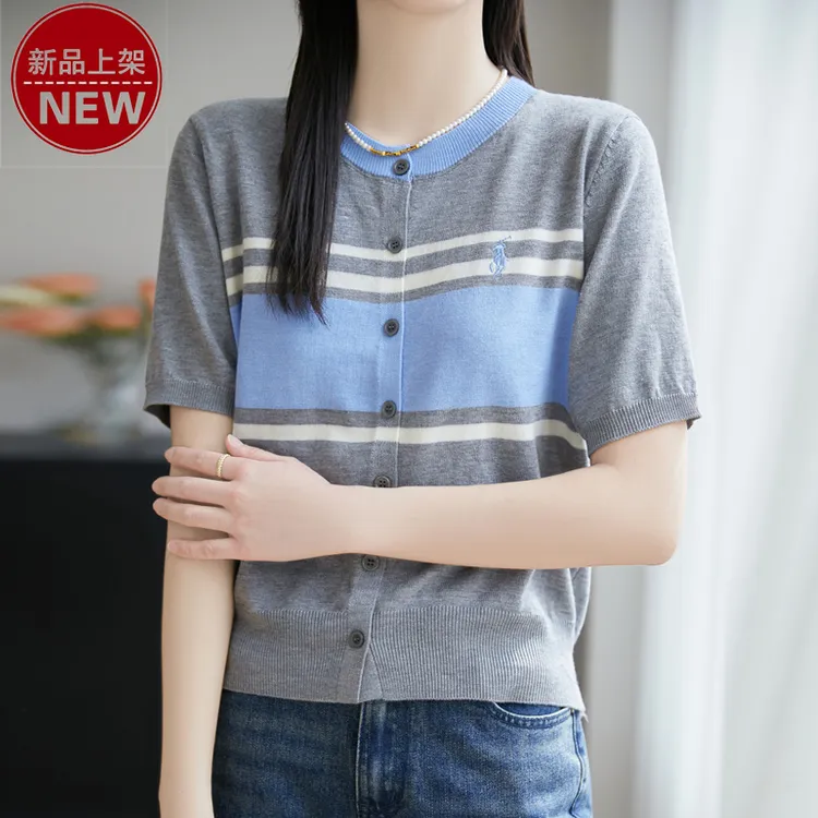 哥弟阿玛施正品时尚刺绣圆领条纹轻奢气质薄款百搭短袖针织开衫女