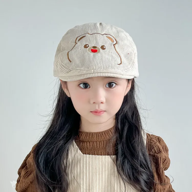 宝宝帽子韩系儿童灯芯绒贝雷帽春秋款小熊前进帽男女童卡通贝雷帽