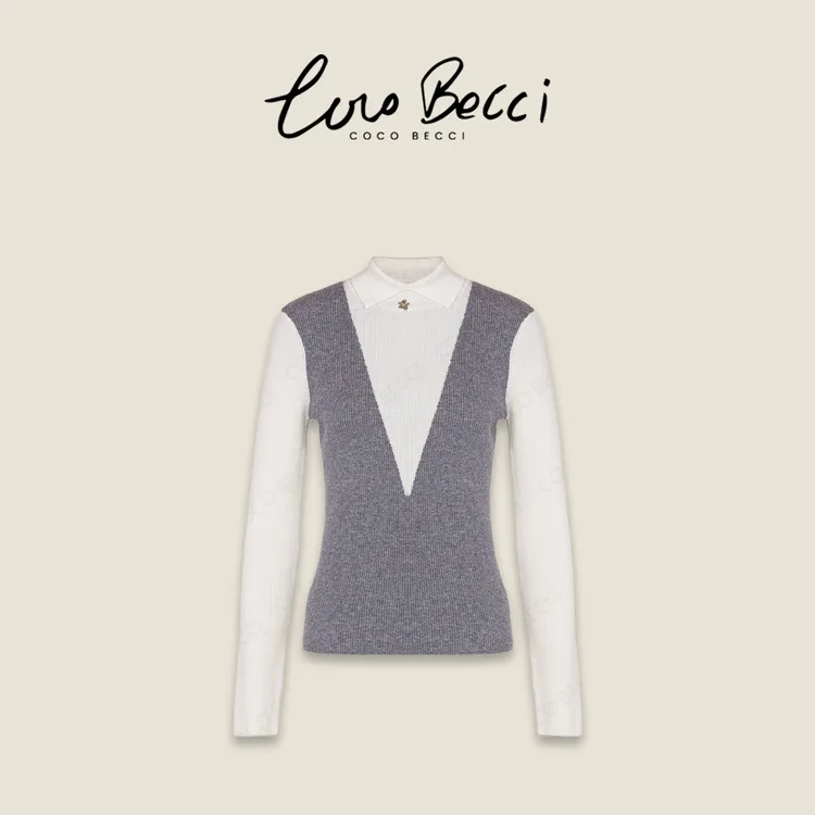 COCO BECCI【暴瘦polo】假两件竖坑条百搭翻领针织衫CFLJD231367
