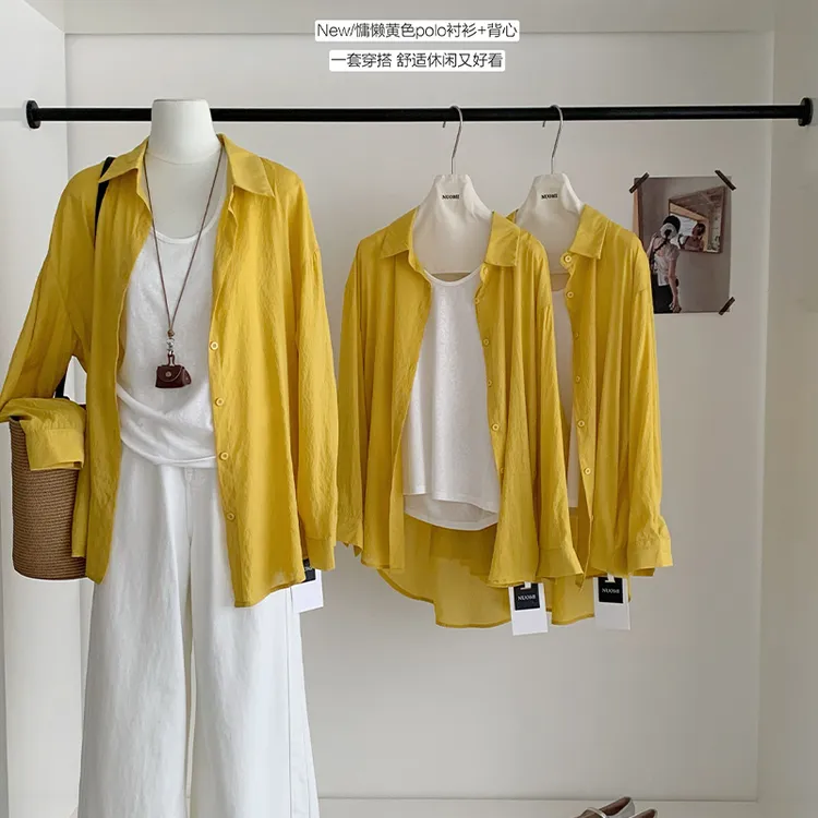 慵懒黄色天丝苎麻防晒衫通勤透气舒适衬衣+背心百搭套装春夏新款