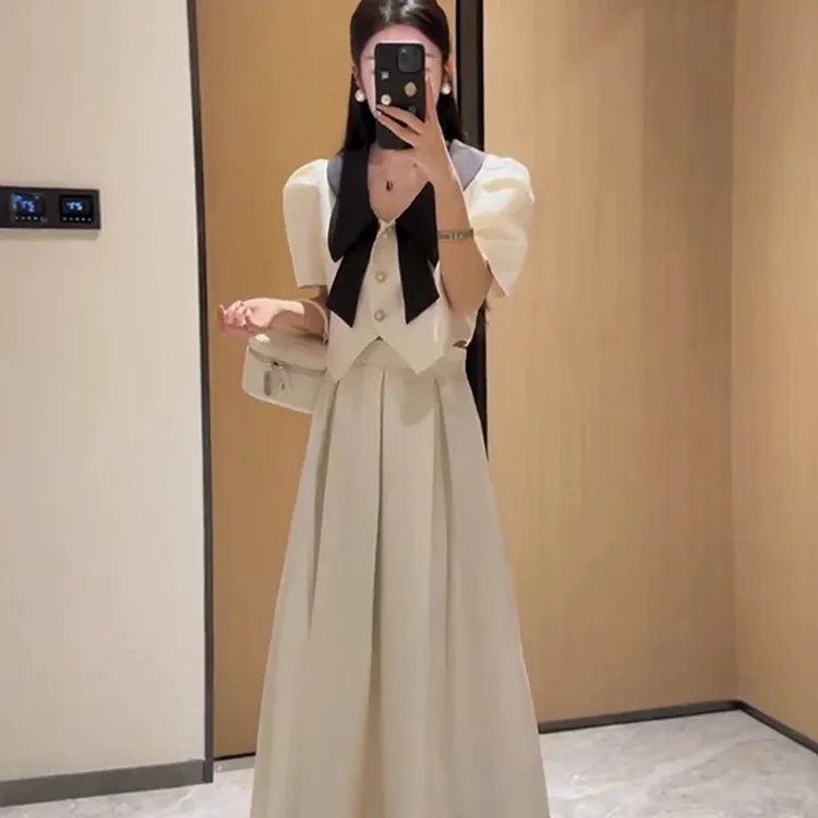 【两件套】2025夏季新款套装小香风撞色泡泡袖短款外套高腰裙子1213