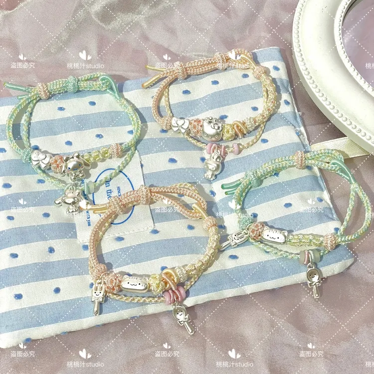 足银布艺手链 足银999kt三丽噢法棍小猫桃花编制手工饰品手链可爱