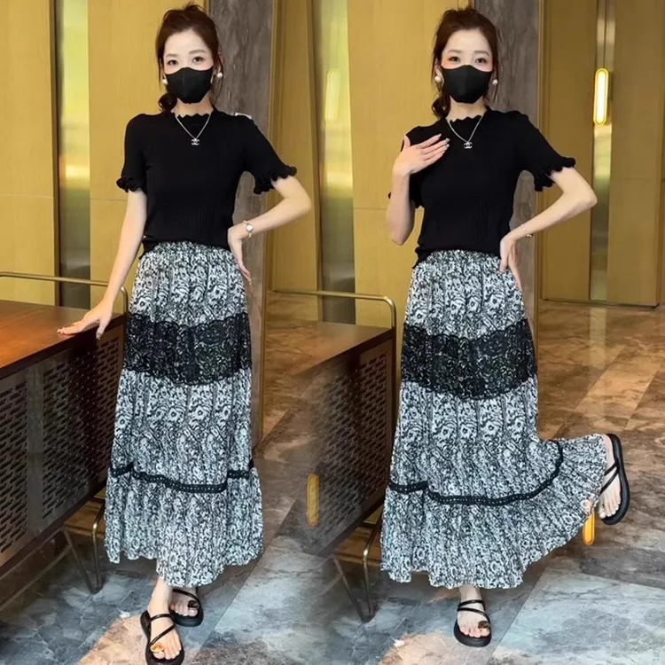 时尚套装裙女2025夏季新款洋气拼接短袖上衣半身碎花裙减龄两件套