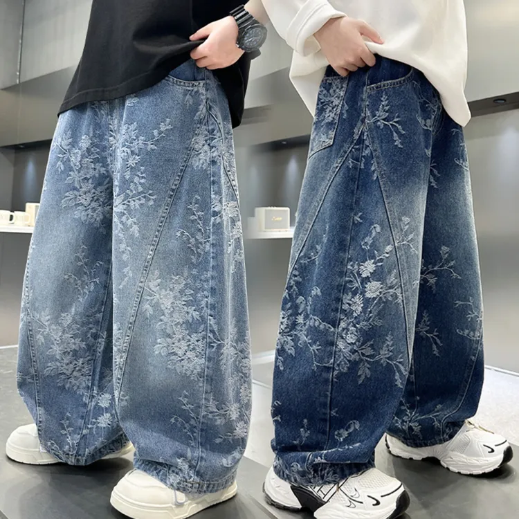 儿童牛仔裤秋款中大童装碎花时髦痞帅潮酷宽松男女童弯刀裤子洋气
