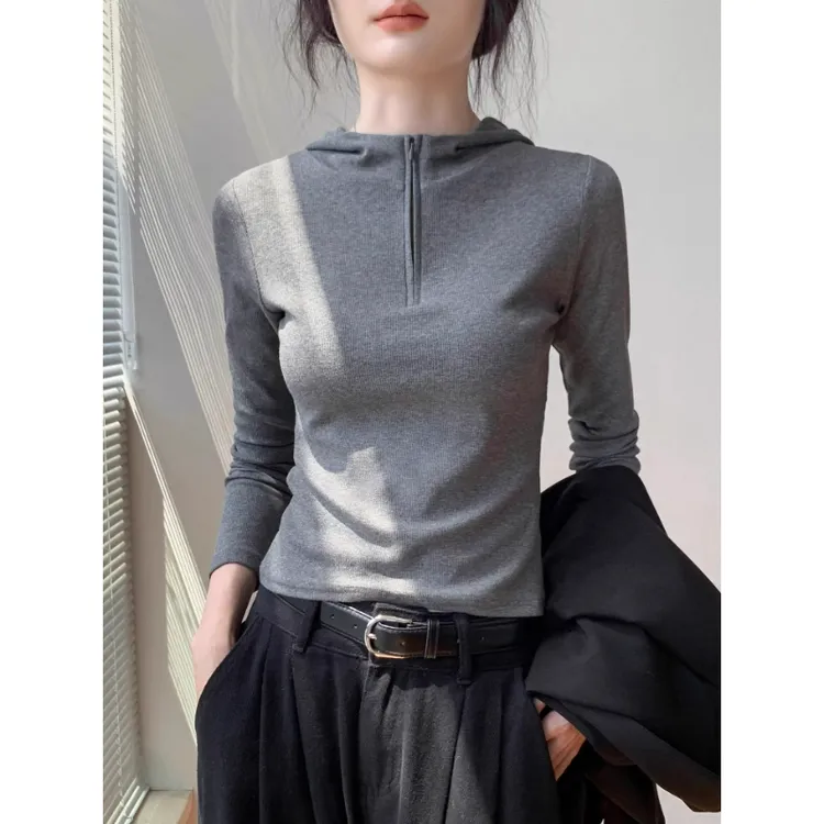 韩版拉链半开领长袖上衣T恤女2025秋新款流行修身连帽卫衣打底衫