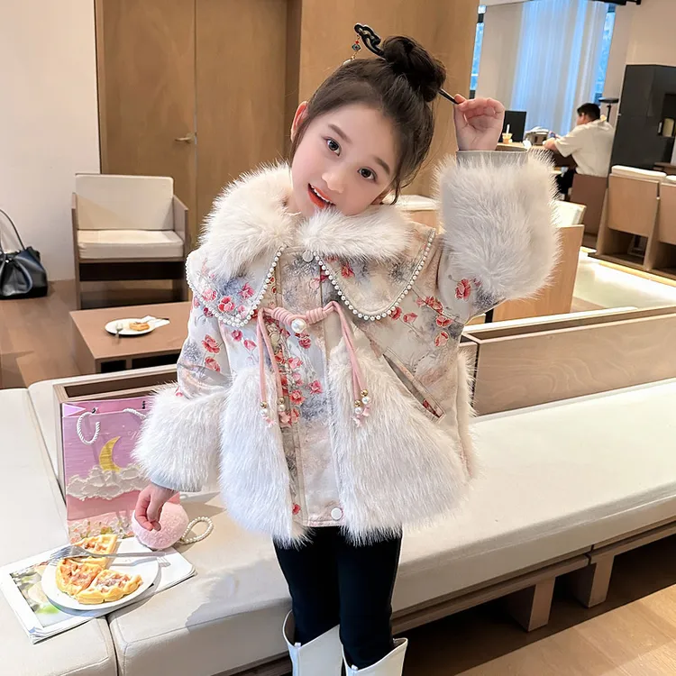 女童加厚保暖仿皮草外套秋冬季新款加绒上衣女孩中国风毛毛衣儿童