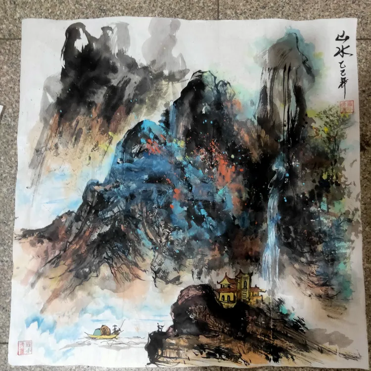山水国画风景创作纯手工绘画中西结合56乄70cm