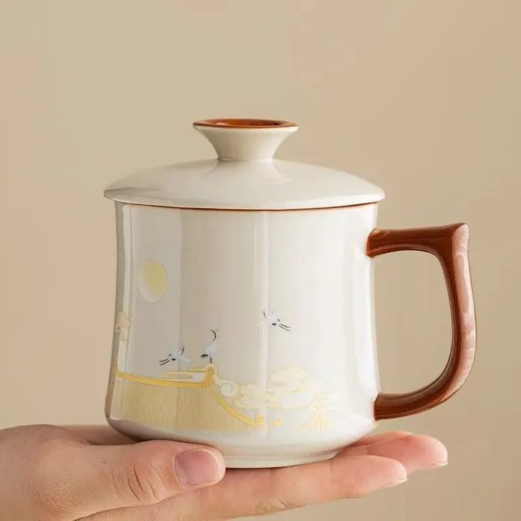 （草木灰办公杯）水杯复古陶瓷杯子茶杯泡茶杯带盖大容量办公杯家用