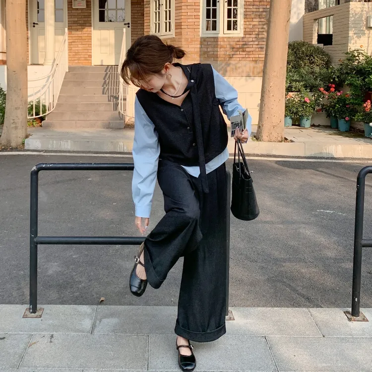 春夏季流行穿搭衬衫拼接上衣阔腿裤套装女2025新款高级感两件套