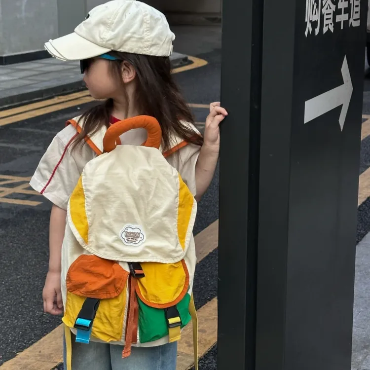 日系简约儿童撞色书包百搭时尚大容量亲子户外旅行双肩包学生背包