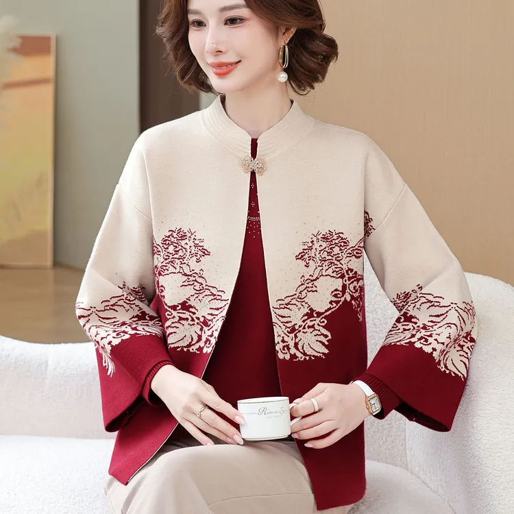 妈妈秋装外套2025新款中老年女装洋气针织上衣春秋季两件套时尚50