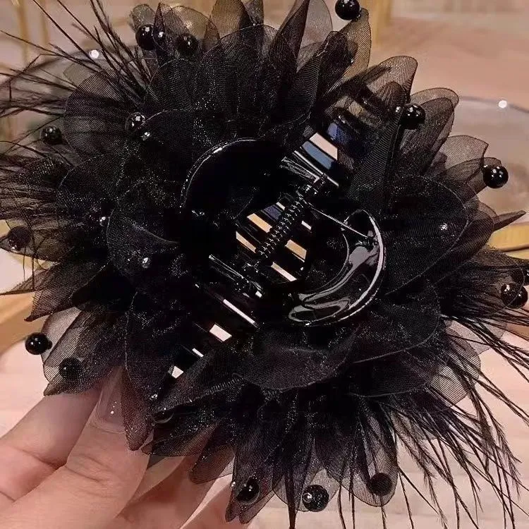 新款牡丹花羽毛头发抓夹高颜值轻奢精致鲨鱼夹洋气发夹上档次超仙