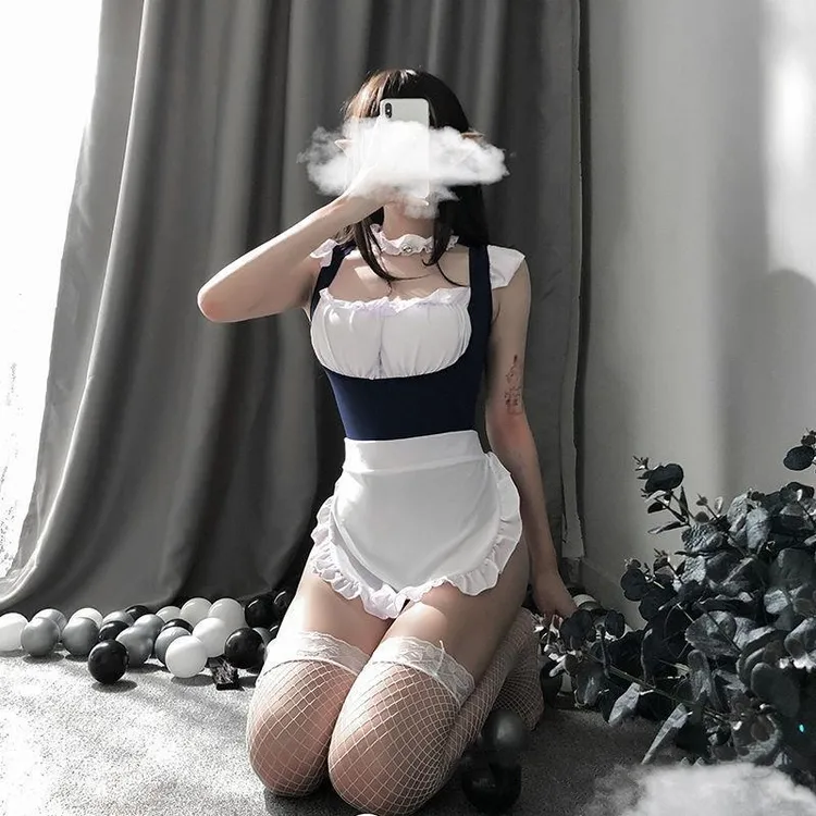 战袍纯欲性感带胸垫可爱女仆套装连体衣黑色显瘦纯欲风纯欲风蕾丝