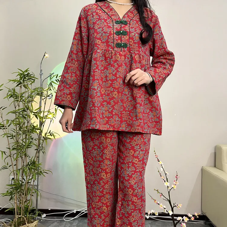 大红色26年新中式古典风纯棉双层纱大提花四季款家居服套装女士