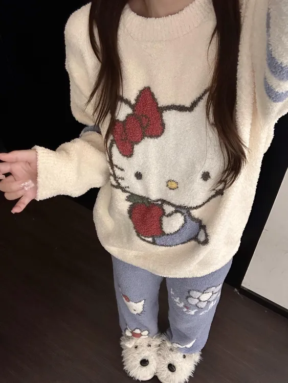 可爱Kitty猫印花半边绒睡衣女秋冬季毛衣针织花朵长裤家居服套装