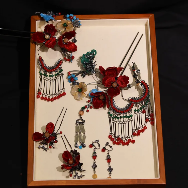 合金仿水晶婚庆饰品 1359新款红蓝撞色款复古气质款新中式头饰