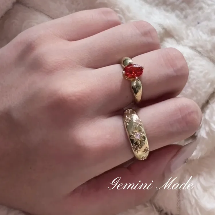 铜合金锆石戒指 复古金色戒指女轻奢高级感开口可调节