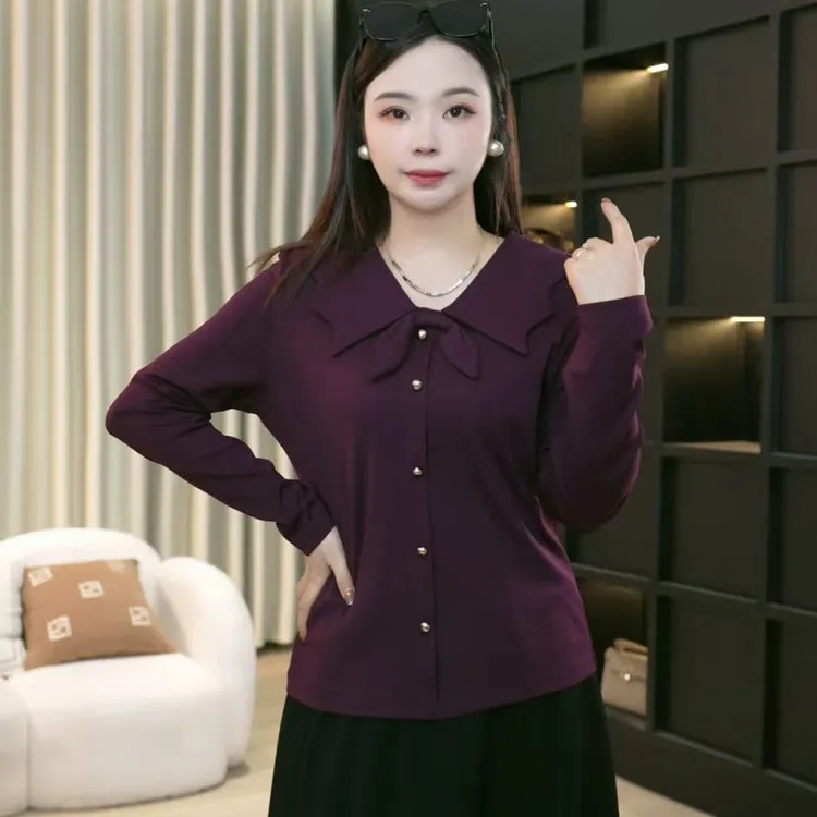 2025秋装长袖常规款拼接立体装饰大码女装洋气T恤14069