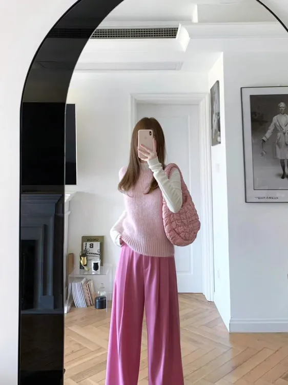 韩系甜美针织时尚套装女早春2025新款减龄粉色马甲打底裤子三件套