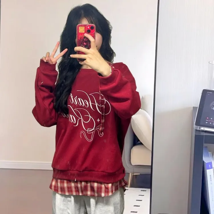 红色圆领套头卫衣女秋冬加绒新款设计感小众宽松假两件薄款上衣潮